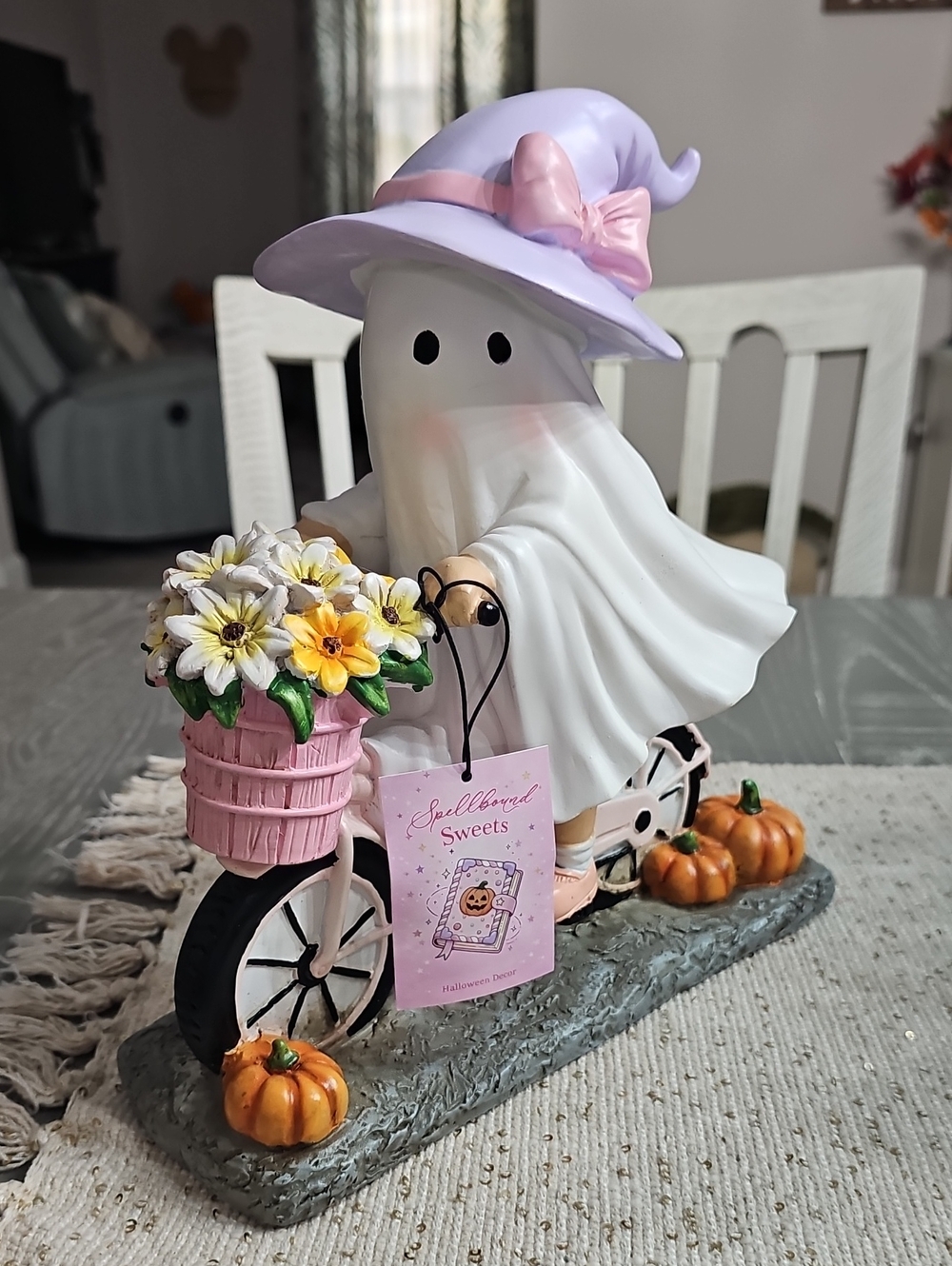 New! Pretty Ghost Witch Riding Bike with Flower Basket & Pumpkins